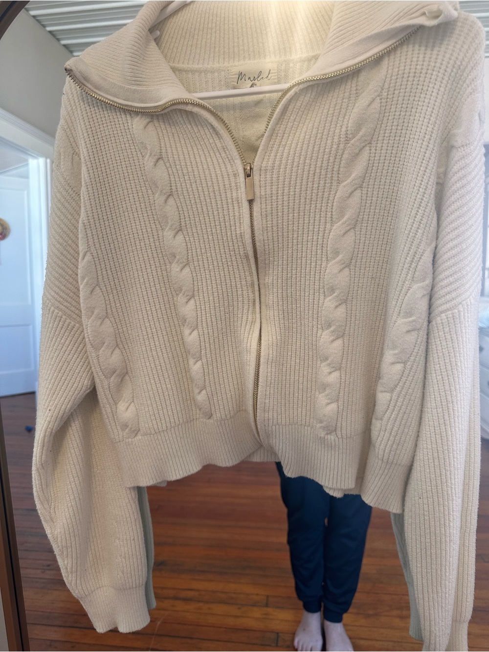 Marbled Cream Cable-Knit Zip Collared Sweater